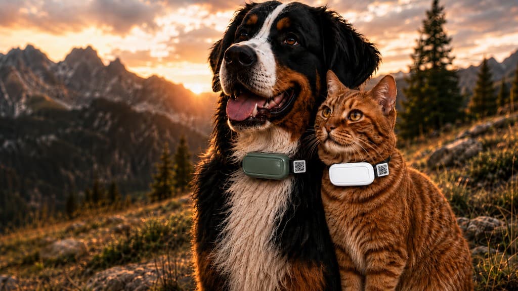 Bovaro del Bernese e gatto con GPS Amico Fido al tramonto in montagna