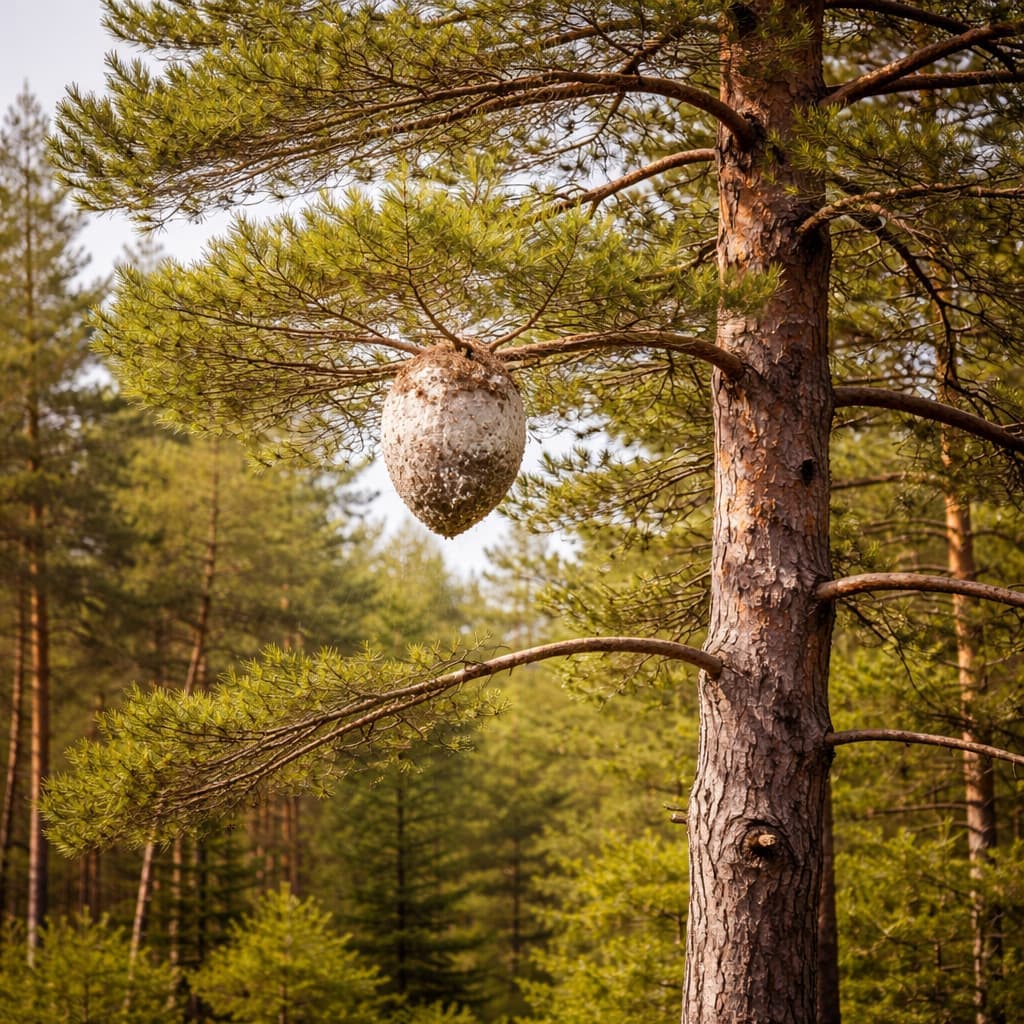 White silky pine processionary moth nest hanging from a pine branch in a pine forest.
