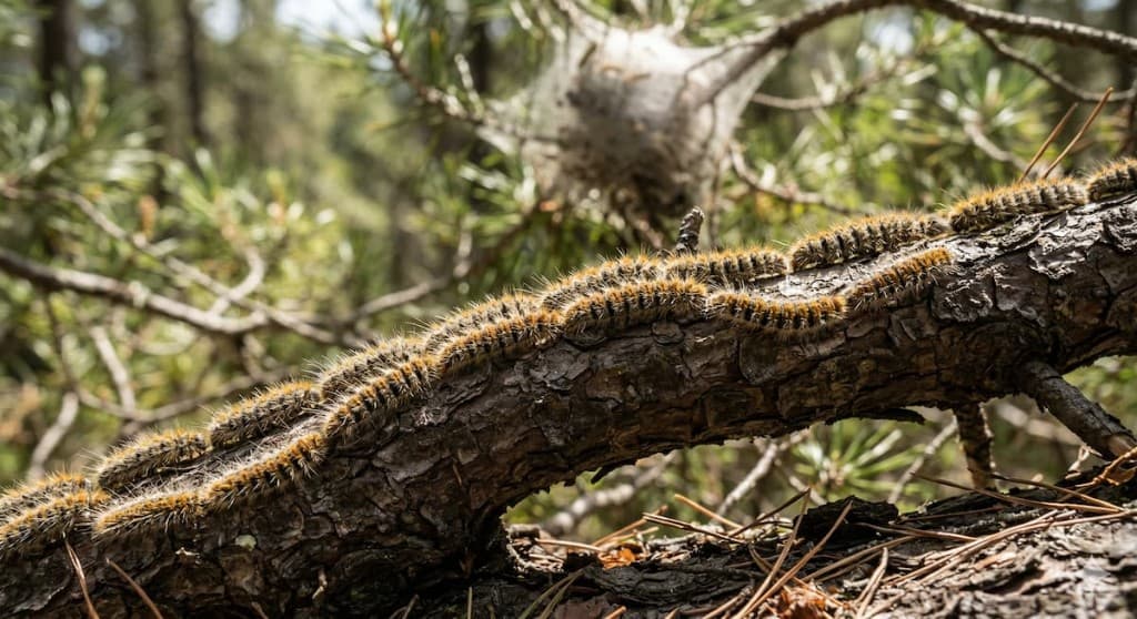 Line of pine processionary caterpillars moving along a branch; a white nest visible in the background.